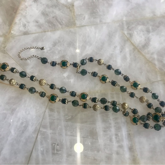 Long Green and Gold Beaded Necklace - Picture 2 of 2
